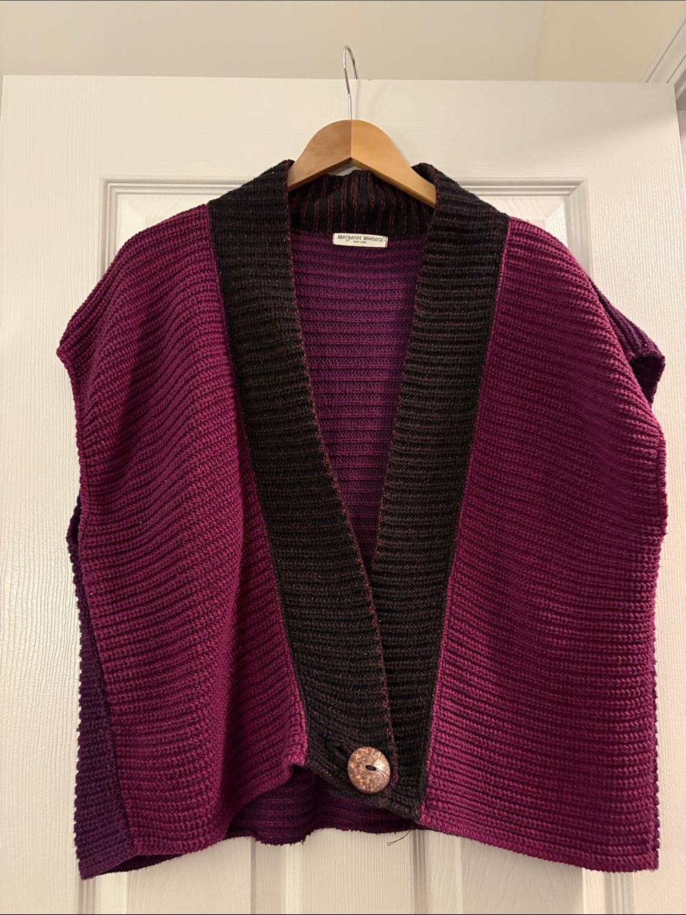 Margaret Winters Plum Open-Front Sweater Vest w/ Big, Cute Button - Vintage
